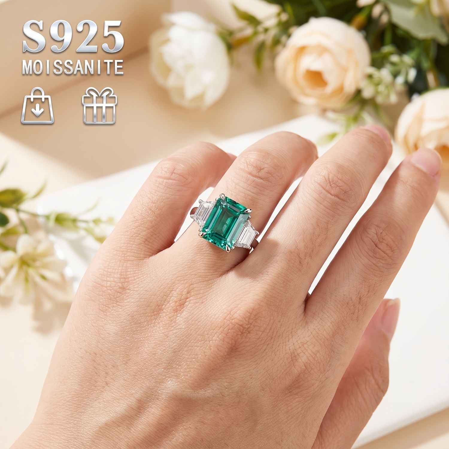 High-End S925 Silver Ring with 5 Carats Green Moissanite